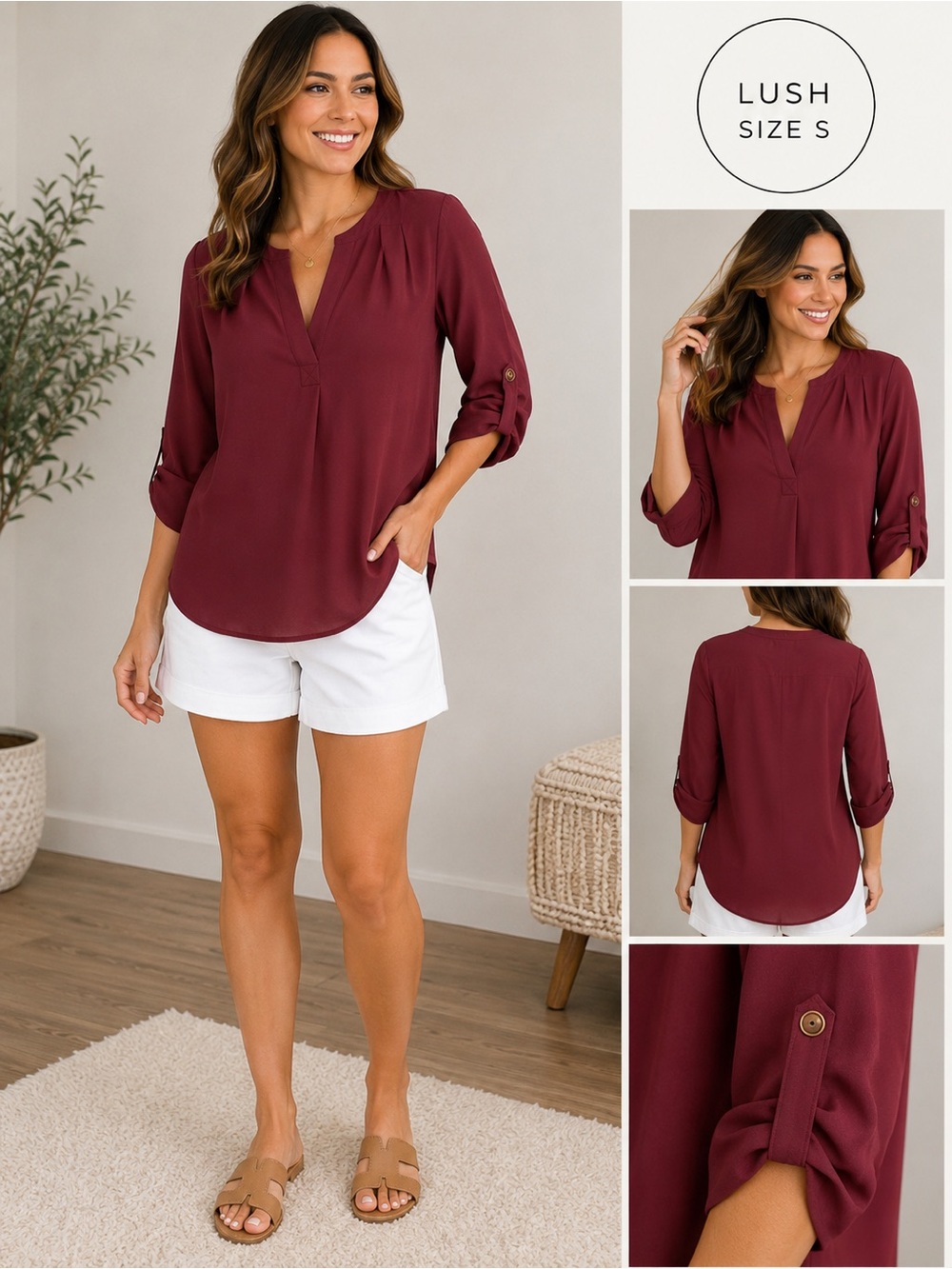 LUSH Burgundy Roll Tab Sleeve Blouse Size Small Semi Sheer V-Neck Office Boho